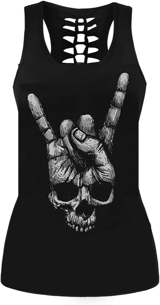 Womens Cut Out Skull Graphic Tank Tops Sleeveless Workout Tee Shirts - skull tshirt