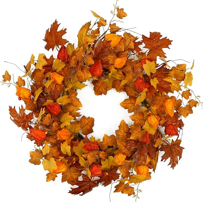 22 inch Artificial Fall Wreath Maple Leaf Wreath for Front Door Home Decor - skull wreath