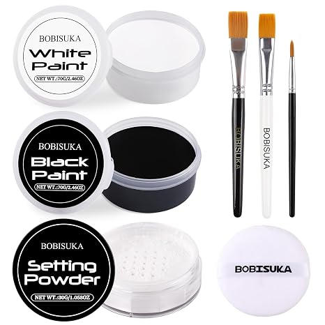 BOBISUKA Black & White Face Body Paint + Setting Powder + 3PCS Artist Brushes Face Painting Kit for Adult Large Capacity Professional Oil Based Cream Paints Palette For Halloween Clown Skeleton Vampir - skull painting