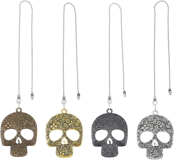 4pcs 15.39Inch Alloy Skull Ceiling Fan Pull Chain 44mm Pendant Retro Fan Zipper and Ball Chain Connector Metal Extension Chain for Bathroom, Bedroom, Living Room Lighting Decoration