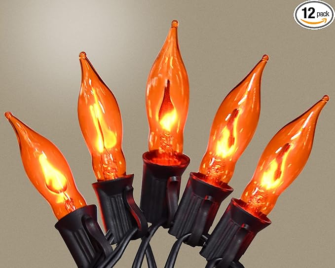 Fall Halloween Decorations Indoor Outdoor - Orange Flickering Flame String Lights Orange Halloween Lights, 12.8Ft C18 Retro Twinkle Flame String Lights with 10+2Pcs C18 Flame Light Bulbs (E12 Base) - string light