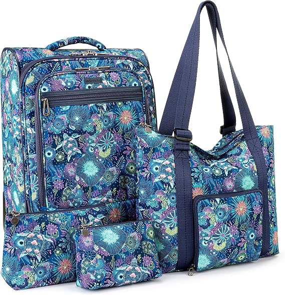 Sakroots On the Go 4 Piece Travel Bundle, Includes 21" Rolling Suitcase, Packable Large Tote, Medium & Small Pouches - skull suitcase