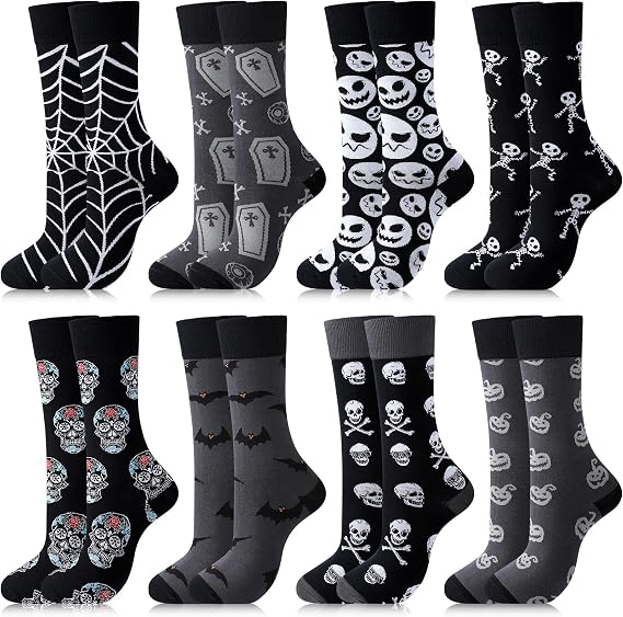 Jiuguva 8 Pairs Novelty Halloween Crew Socks for Men Women - sugar skull costume