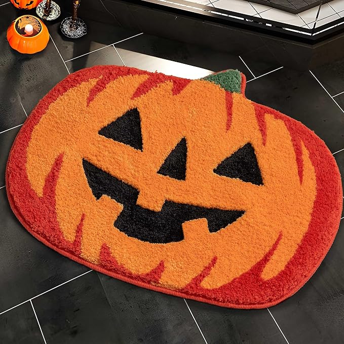 Halloween Pumpkin Bathroom Rugs, Fall Autumn Orange Pumpkin Bathroom Mat - skull floor mat