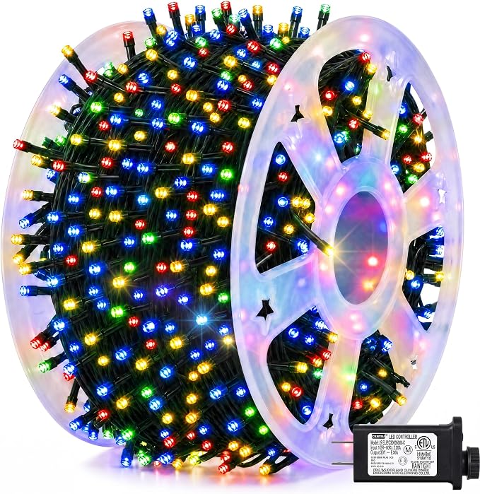 Dazzle Bright 164 FT 500 LED Christmas String Lights, Waterproof Green Wire String Lights with 8 Modes, Outdoor Christmas Decorations for Indoor Garden Party Yard Decor (Multi-Colored) - string light