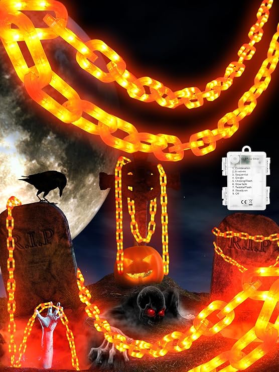 Battery Halloween Chain Lights 10 FT 160 LED Orange Light-Up Plastic Timer - string light
