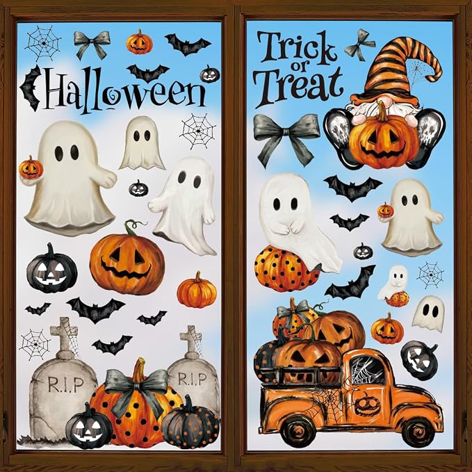 Horaldaily 83 PCS Halloween Window Cling Sticker, Ghosts Pumpkins for Home Party Supplies Shop Window Glass Display Decoration - skull sticker