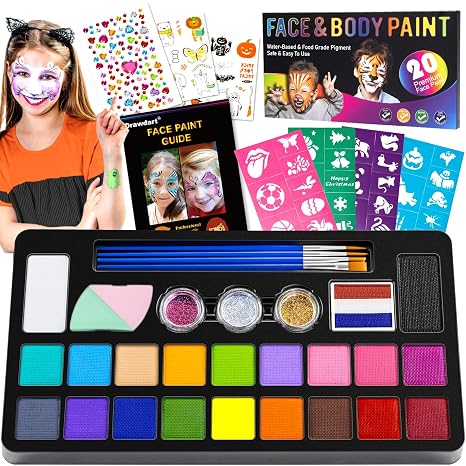 Drawdart Face Painting Kit for Kids – 20 Colors Water Based Non-Toxic Paint With Stencils & Brushes – Professional Body Makeup Kit for Parties, Birthdays, Halloween