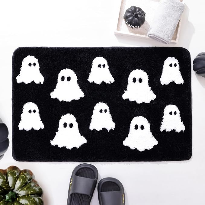 TRUEDAYS Halloween Ghost Bathroom Rug, 32x20 Inch Cute Bath Mat, Black - skull toilet mat