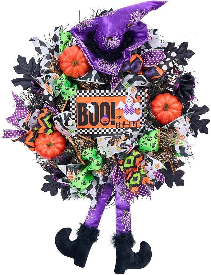 Halloween Wreath for Front Door,20 inch Whimsical mesh Wreath with Witch - skull wreath