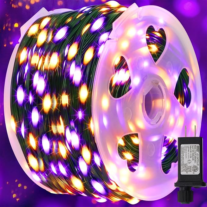 WATERGLIDE Extra Long 328FT Halloween Lights, 1000 LED Outdoor Fairy String Lights, Green PVC Copper Wire Christmas Light, Plug in 8 Modes & Waterproof for Tree Party Home Yard Decor, Orange&Purple - string light