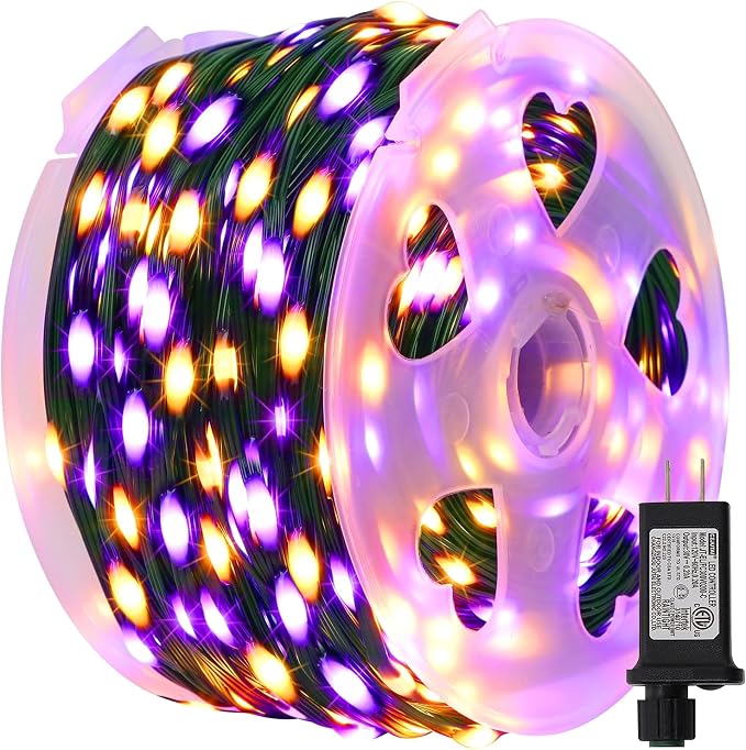 LJLNION 1000 LED Halloween Lights, 328FT Long Outdoor Fairy String Lights, Waterproof IP65 Green PVC Copper Wire Lights, 8 Lighting Modes Plug in for Xmas Home Yard Garden Party Decor, Orange&Purple - string light