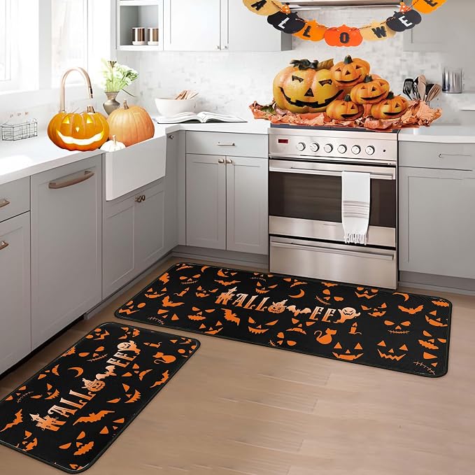 Halloween with Bats Kitchen Rug Set of 2 Washable Non Slip, Holiday Farmhouse Party Floor Mat for Home Kitchen Decorations, Sink, Office, Laundry17 x47+17"x30" - skull carpet