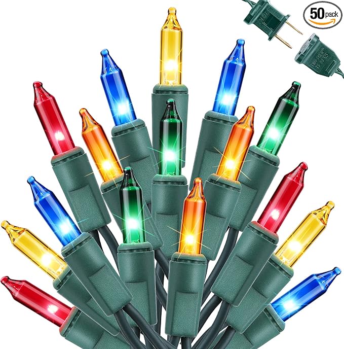 Toodour Multicolor Christmas Lights, 12.5ft 50 Count Incandescent Christmas String Lights, UL Certified Connectable Green Wire Xmas Lights for Tree, Holiday, Party, New Year, Indoor Xmas Decorations - string light