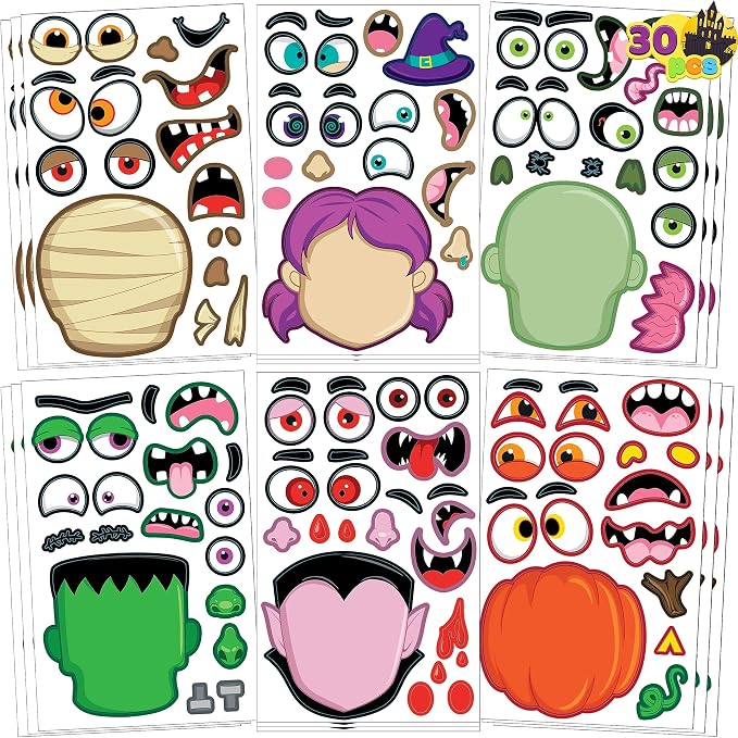 JOYIN 30 Pcs Halloween Make a Face Stickers for Kids, Halloween Party Favor, Party Craft Supplies, Fall Sticker Sheets with 6 Different Facial Expression, Classroom Art Activities Treat Games Goodies - skull sticker