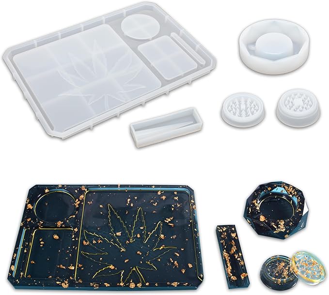 5 PCS Rolling Tray Mold, Silicone Resin Mold Kit for DIY Epoxy Casting - skull ashtray