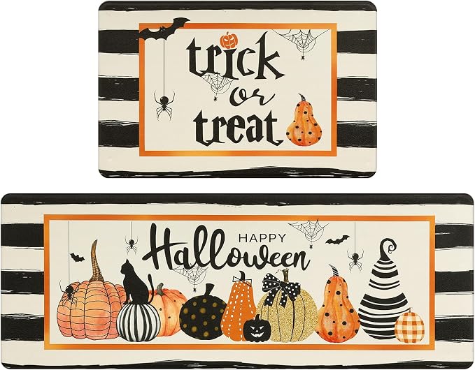 Pauwer Halloween Kitchen Mat Set of 2, Pumpkin Anti Fatigue Kitchen Rugs - skull floor mat