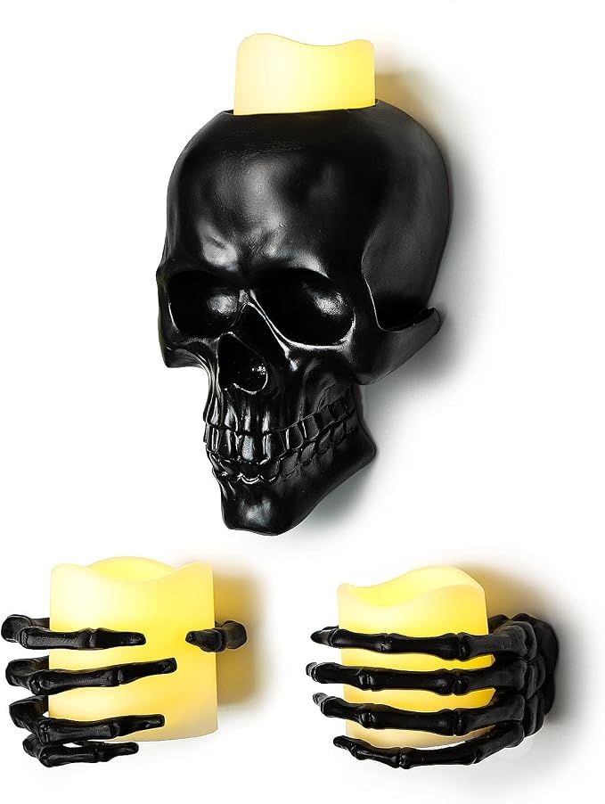 Gute Flickering Wall Candle, 3 Skeleton Skull and Hand Candles Holder Décor - LED Candles, Decor Set for Decoration, Comes with Screws Anchors, Scary Goth Décor, Black - skull candle