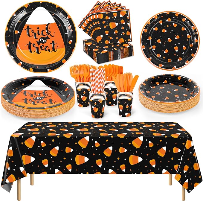 Durony 193 Pieces Halloween Candy Corn Party Supplies Set - Trick or Treat Plates, Tablecloth, Napkins, Cups, Plastic Cutlery - Serves 24 - skull plate