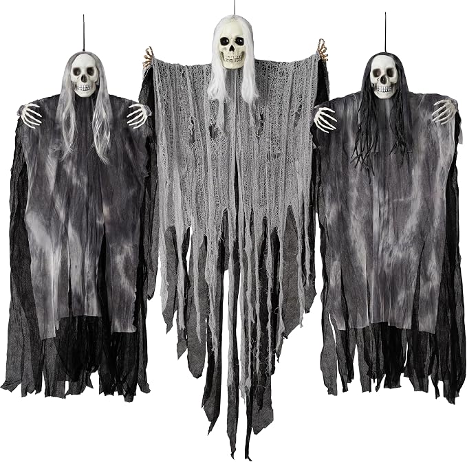 JOYIN 3 Pcs Hanging Halloween Skeleton Ghosts Decorations Outdoor, Grim Reapers for Best Halloween Outdoor Decorations, Haunted Haunted House Prop, Party Supplies - skeleton