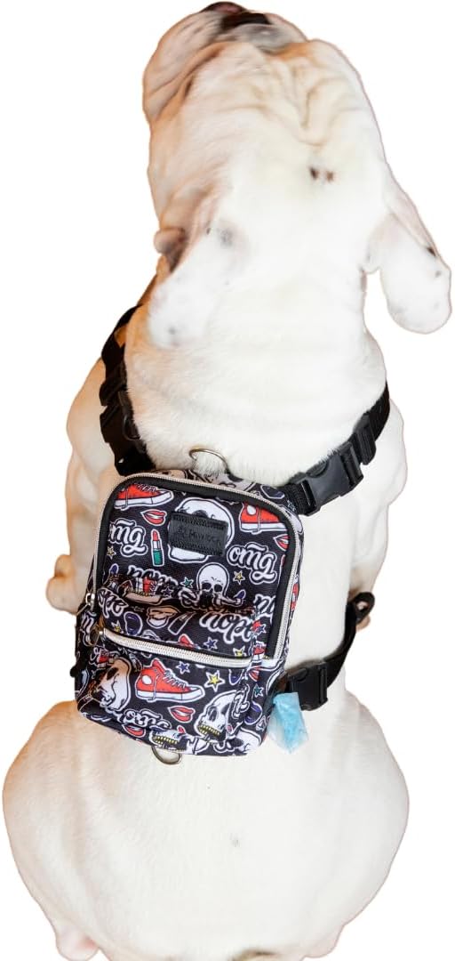 Pawlook Dog Backpack Harness – Street Smart | Waterproof, Adjustable, Breathable – Leash Attachment D-Rings, Poop Bag Pocket – Small & Medium Dogs – 8 Styles Skull Small - skull backpack