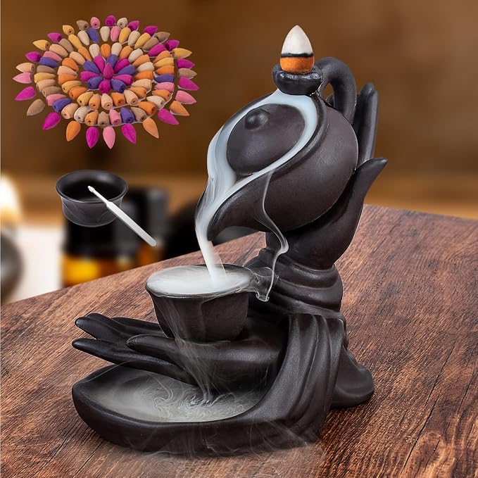 Waterfall Incense Burner Buddha Hand Backflow Incense Waterfall Burner Smoke Incense Holder Waterfall with 100 Incense Cones 10 Kind of Scents - skull incense burner