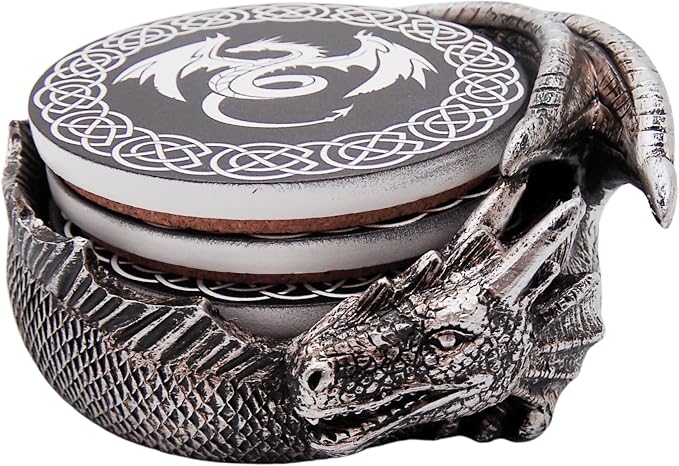 Gothic Dragon Coaster Set with Engraved Holder - 4.5-Inch Flying Dragon Coasters, Set of 4 - skull coaster