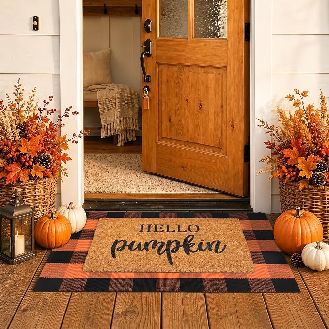 Fall Decor Door Mat Combo Set, 100% Coco Coir Welcome Mat + 28 x 43 Inches Orange and Black Plaid Rug- Fall Thanksgiving Front Porch Entryway Floor Doormat, Indoor Outdoor Autumn Mats Hello Pumpkin - skull floor mat