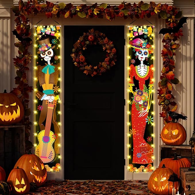2 Pcs Dia De Los Muertos Decorations, Lighted Porch Sign Banners - skull door mat