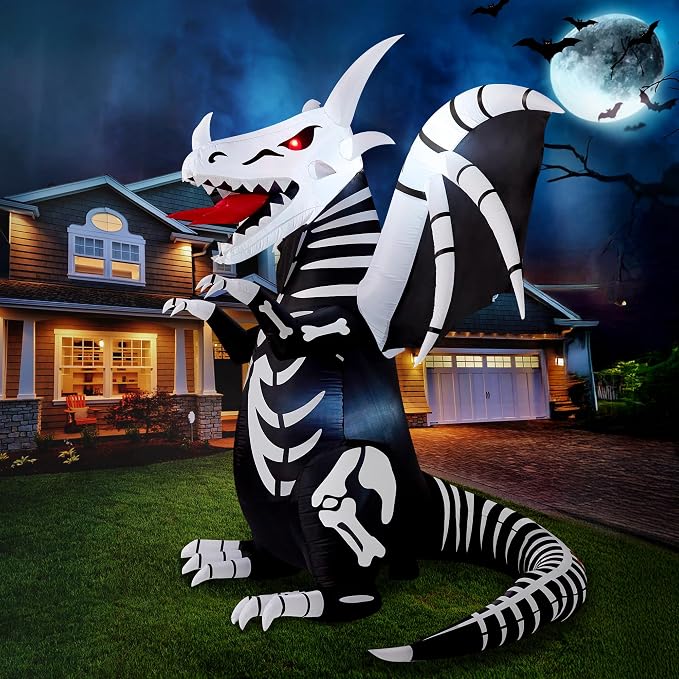 Joiedomi 8 FT Tall Halloween Inflatables Outdoor Skeleton Dragon Decoration, Blow Up Yard Decoration Inflatable Skeleton Dragon, Scary Halloween Decorations with Red LED Eyes for Lawn Garden Decor - skull inflatable