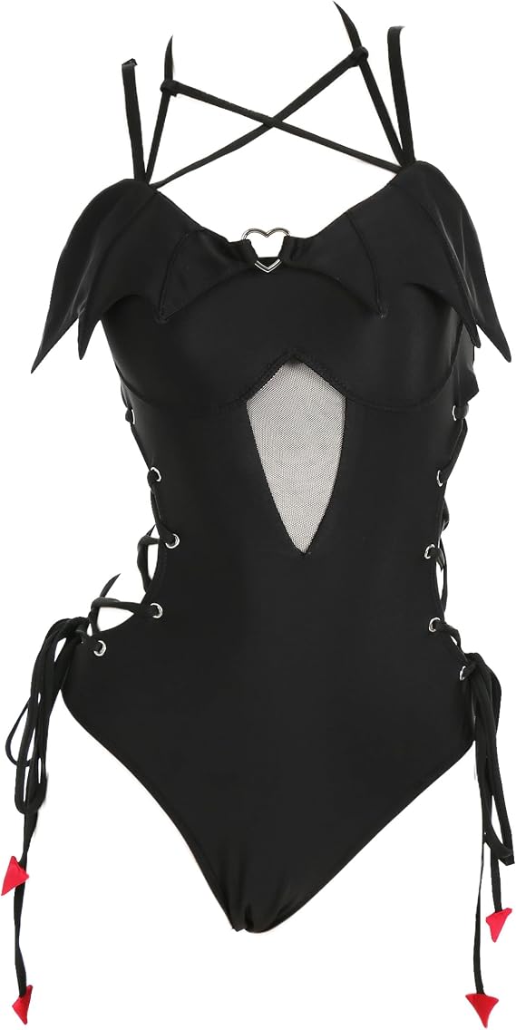 MEOWCOS Women's One Piece Swimsuits Gothic Swimsuit Devil Wings Tummy Control Bathing Suit One-Piece Swimwear - skull swimsuit