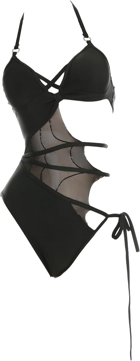 MEOWCOS Women's One Piece Swimsuits Sexy Gothic Swimsuit Halter Mesh Cutout One-Piece Swimsuit One-piece Swimwear - skull swimsuit