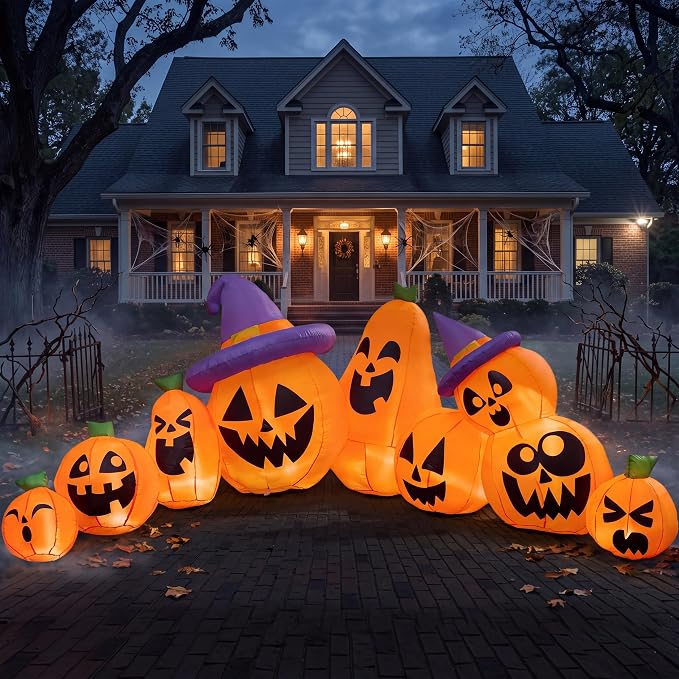 Joiedomi 12.5 FT Halloween Inflatable Pumpkin Outdoor Decorations, Blow Up Yard Decorations with Witch Hat, 9 Pcs Blow Up Pumpkin Inflatable with Built-in LEDs for Halloween Decor - skull inflatable