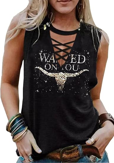 Wasted On You Steer Skull Criss-Cross Hollow Out Tank Tops Women Western Cowboy Rodeo Shirt Tops Country Music Tank Tops - skull tank tops