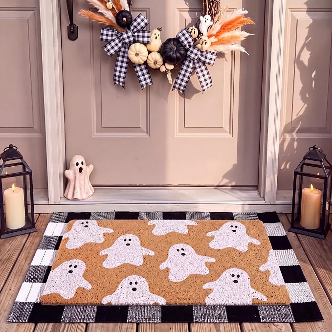 Fabbay 2 Pcs Halloween Ghost Welcome Doormat White and Black Buffalo Plaid