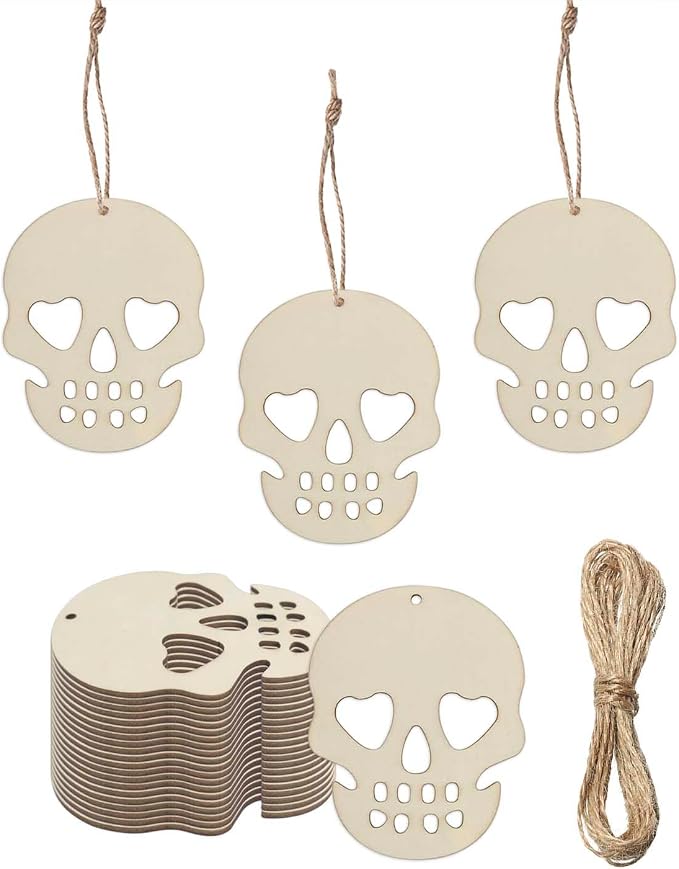 30pcs Mini Skull Wood DIY Crafts Cutouts 2" Blank Wooden Skull Shaped Hanging Tags with Jute Twines for DIY Projects Halloween Party Decorations (Small Size) - sugar skull ornament