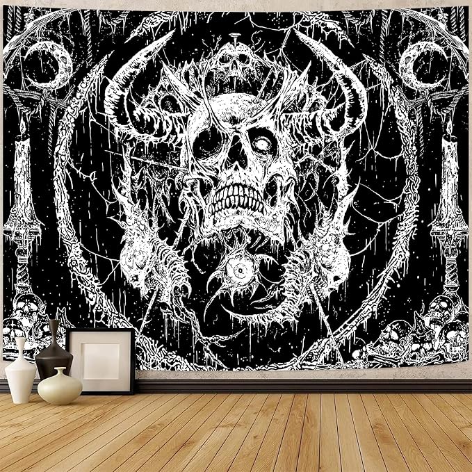 Lifeella Skull Tapestry, Gothic Horror Moon Skeleton Mystic Dark Tapestries for Bedroom Grunge Wall Hanging Black and White 36 x 48 inch - skull blanket