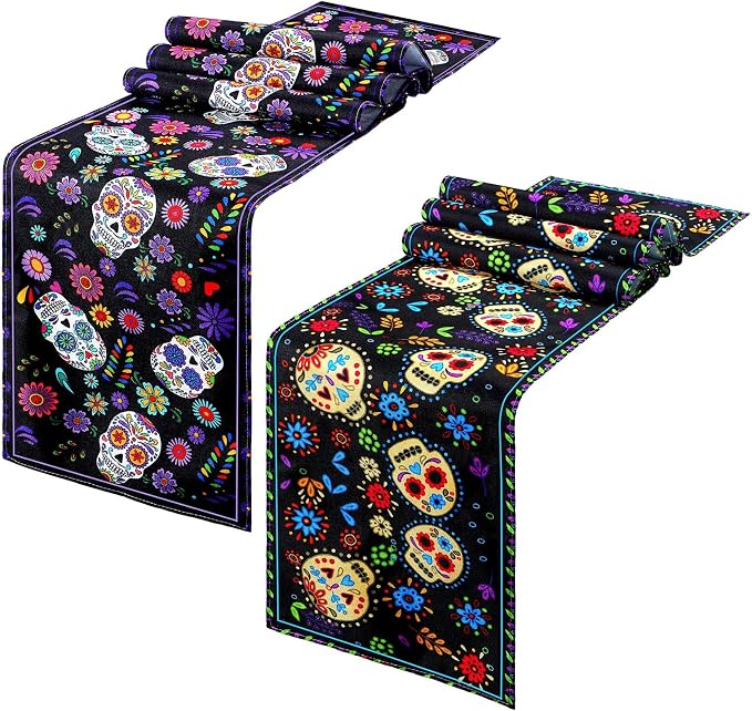 Peryiter 2 Pcs Day of the Dead Table Runner Linen Sugar Skull 13 x 72 Inch - skull carpet