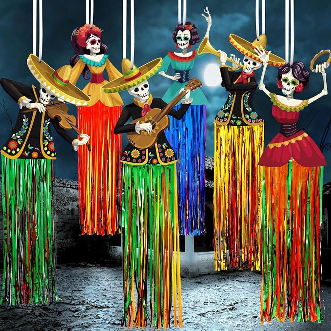 Yinder 6 Pieces Day of The Dead Decorations, 3 ft Dia De Los Muertos Decors - skull wreath