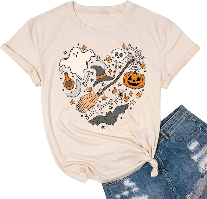 Halloween Doodles Shirt for Women Cute Vintage Graphic Halloween Party Tshirt Short Sleeve Fall Season Tees - skull tshirt