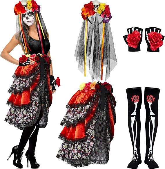 Hercicy 4 Pcs Halloween Day of The Dead Costum for Women Skeleton Mexican Lady Skull Outfit Dress Headpiece Glove Sock