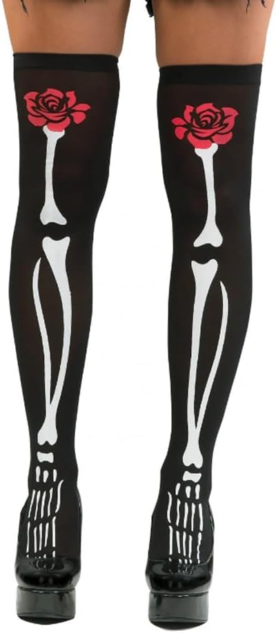 Halloween Skeleton Nurse Socks Women's Spooky Skeleton Bones Knee-high Stockings Sugar Skull Thigh High Socks for Women Girls Halloween Novelty Fashion Scary Hosiery Costume (1Pair Black) - sugar skull costume