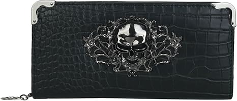 Skull Long Ladies Wallet, Zipper Around Wallet Large Capacity Wallets for Women Credit Card Wallet (Black) - skull wallet
