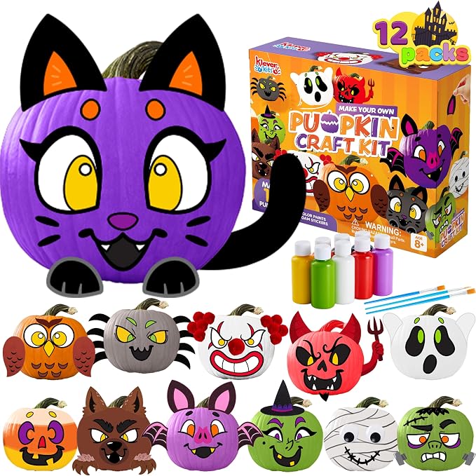 Klever Kits Halloween Craft Pumpkin Decorating Kit, Arts Activities Party Supplies, Party Favors for Kids, Halloween Painting Kit with 12 Designs, DIY Coloring Pumpkin Decor School Game - skull painting