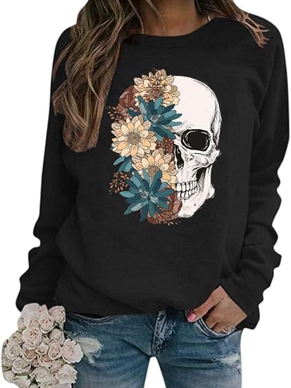 Bloom Skull Sweatshirt for Women Boho Floral Skull Graphic Tshirt Fall Long Sleeve Crewneck Pullover Tops - skull jacket