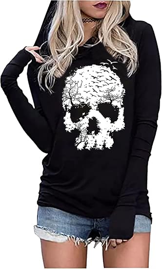 Skull Hoodie Tshirt Women Vintage Gothic Graphic Tees Halloween Hoodies Casual Fall Long Sleeve Pullover Tops - skull sweatshirts