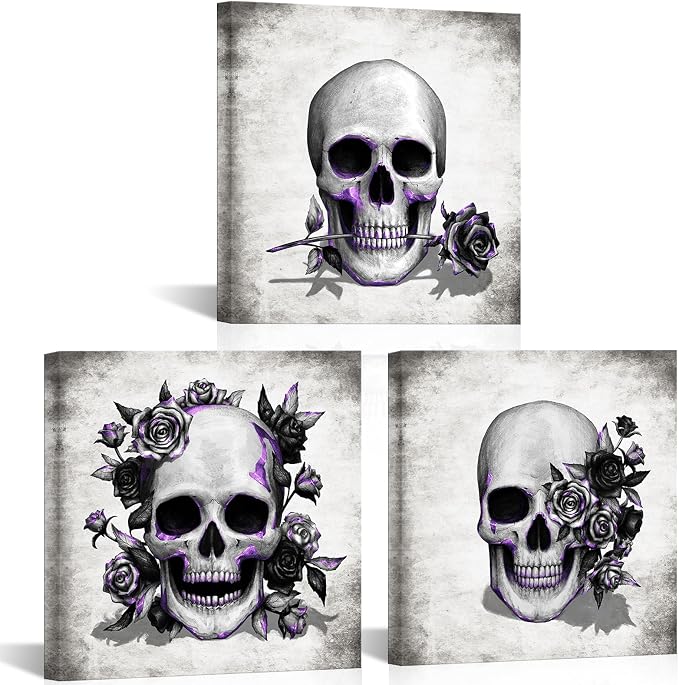 Artsbay Grey Skeleton Wall Art Skull and Rose Pictures Paintings Gothic bathroom art funnny skeleton picture for Home Living Room Decor - skull wall art