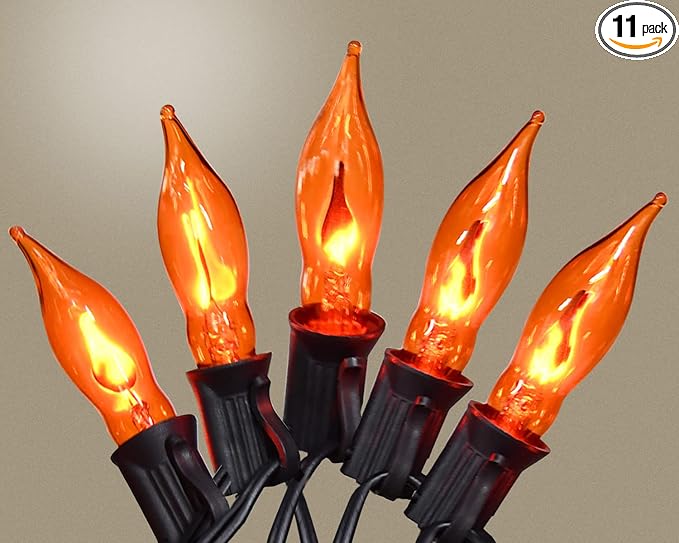 PASUTO Flickering Flame String Lights Orange Halloween Lights with 10 Pack C7 Orange Flickering Light Bulbs, 12.8Ft Flame String Lights for Fall Decor Halloween Decorations for Home Party Yard Porch - string light