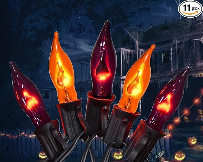 PASUTO Orange and Purple Halloween Lights - Flickering Flame String Lights, 12.8Ft Indoor Outdoor Halloween Lights C7 Retro Flame String Lights, Ideal for Fall Halloweens Decorations for Home Party - string light