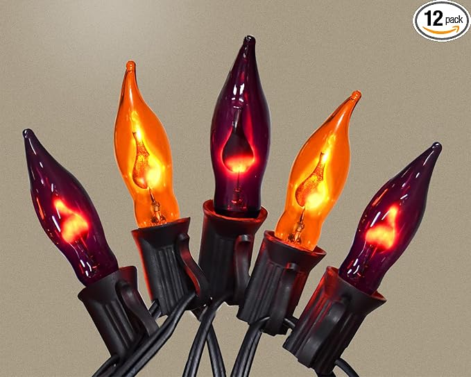 Halloween Decorations Indoor Outdoor - Flickering Flame String Lights Orange and Purple Halloween Lights, 12.8Ft C18 Retro Twinkle Flame String Lights with 10+2 Flame Light Bulbs (2 Spare Bulbs) - string light